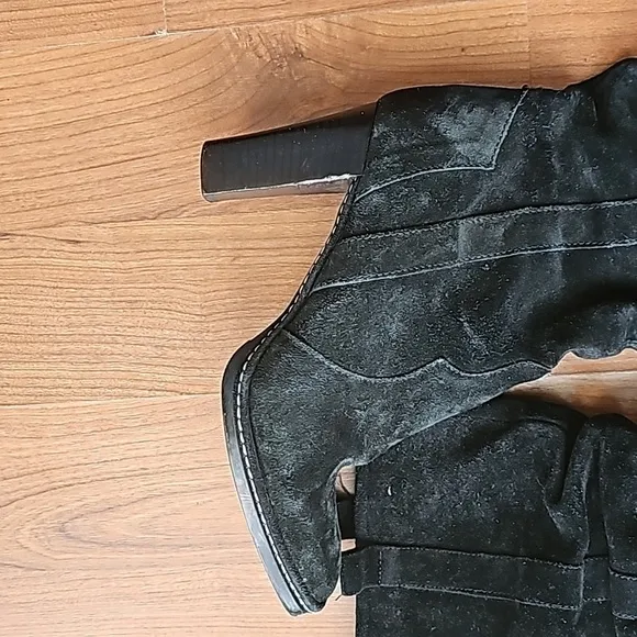 Via Spiga Boots Black Suede Leather Slouch Stacked Heel Womens Size 7.5-8 M