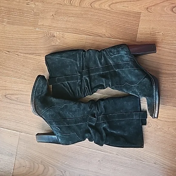 Via Spiga Boots Black Suede Leather Slouch Stacked Heel Womens Size 7.5-8 M