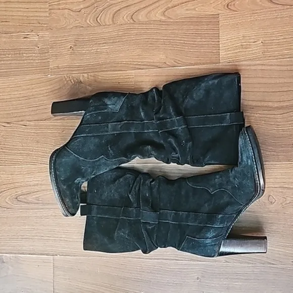 Via Spiga Boots Black Suede Leather Slouch Stacked Heel Womens Size 7.5-8 M