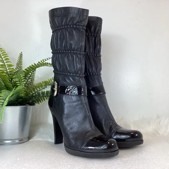 VIA SPIGA LEATHER MID CALF BOOTS BUCKLES SZ 7.5