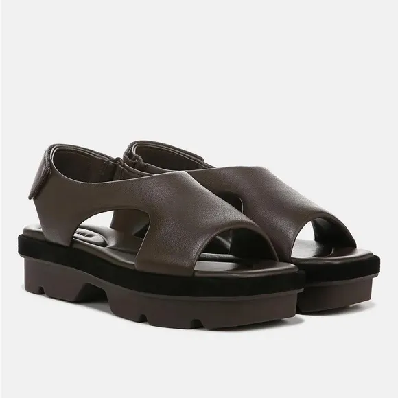 Vince Bilbao Square Toe Leather Grip Platform Sandals in Clove Brown 7