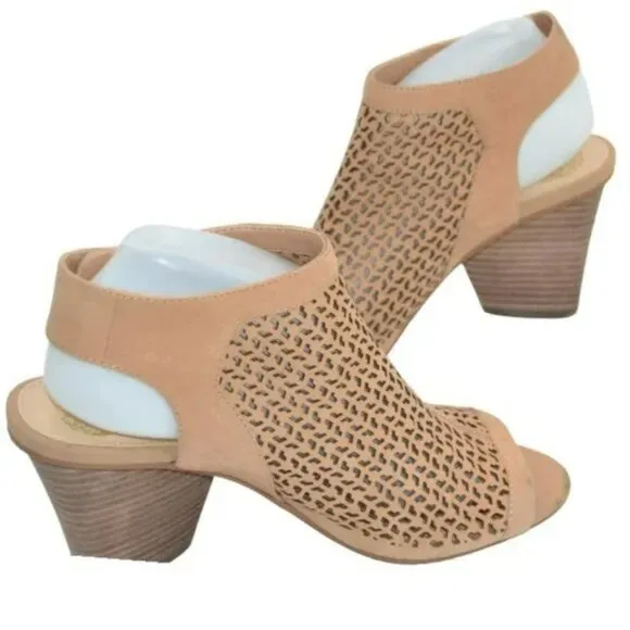 Vince Camuto Beige Tan Pierced Leather Heel Open Toe Ankle Booties Shooties 8.5