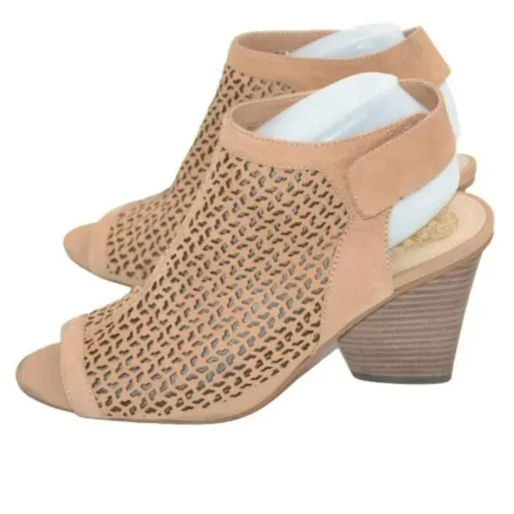 Vince Camuto Beige Tan Pierced Leather Heel Open Toe Ankle Booties Shooties 8.5