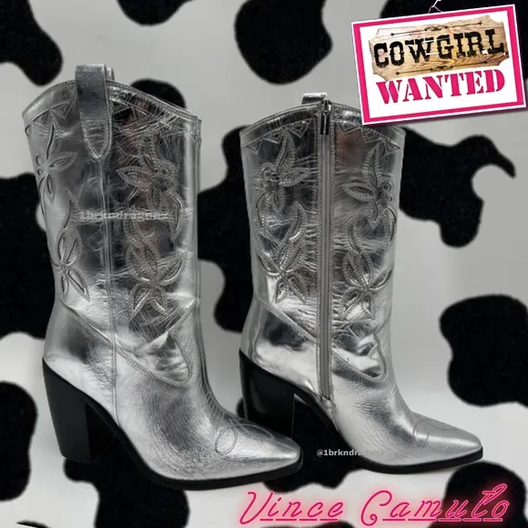 Vince Camuto Metallic Chrome Silver Western Cowboy Boots Cowgirl Boot NWT