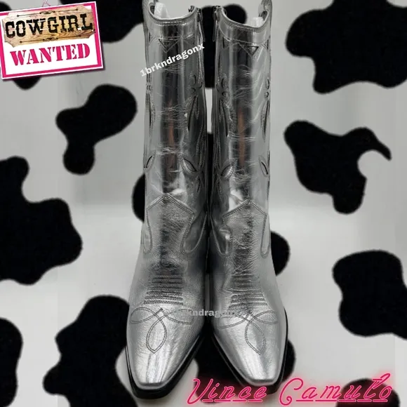 Vince Camuto Metallic Chrome Silver Western Cowboy Boots Cowgirl Boot NWT