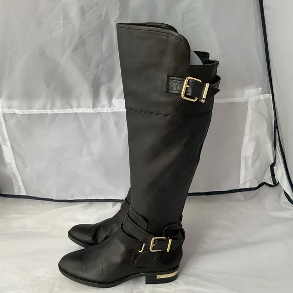 Vince Camuto Prestinta Black Leather Wide Calf Knee Riding Boots Womens Size 6M