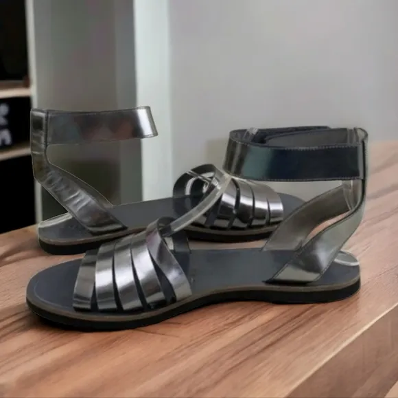 VINCE Cassie Leather Gladiator Sandals Size 36 6 Gunmetal Metallic Gray Strappy