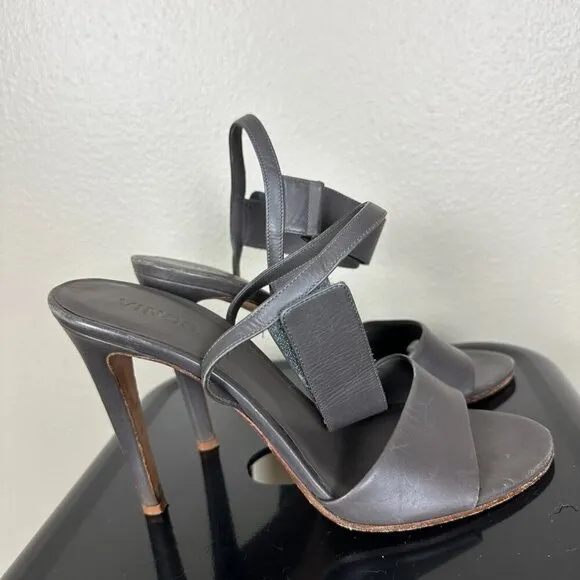 Vince Genna Double-Strap Leather Sandals Heels Sporty Gray Women's Size 9.5