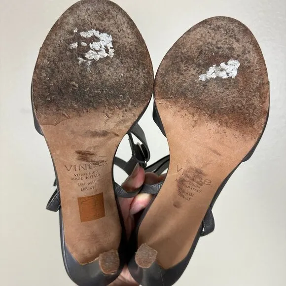 Vince Genna Double-Strap Leather Sandals Heels Sporty Gray Women's Size 9.5