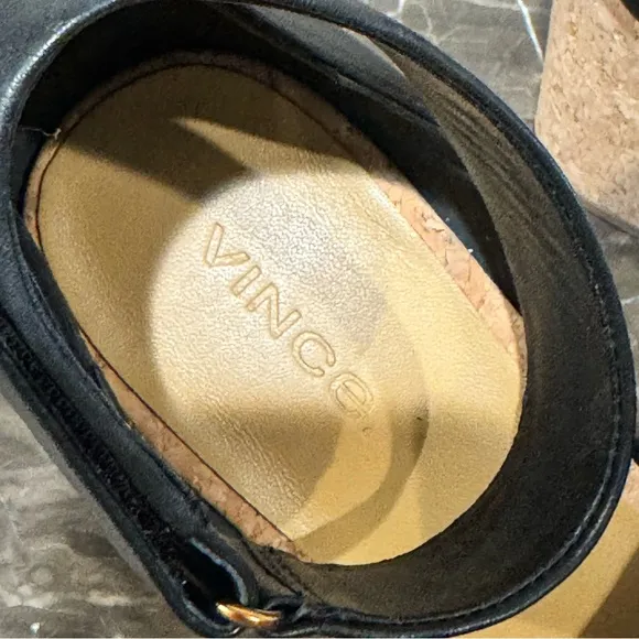 Vince Kensey Black Leather Cork Wedge Sandals