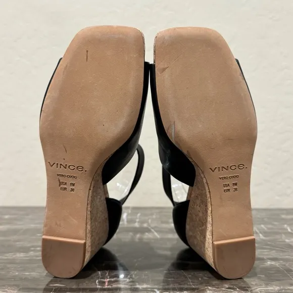 Vince Kensey Black Leather Cork Wedge Sandals