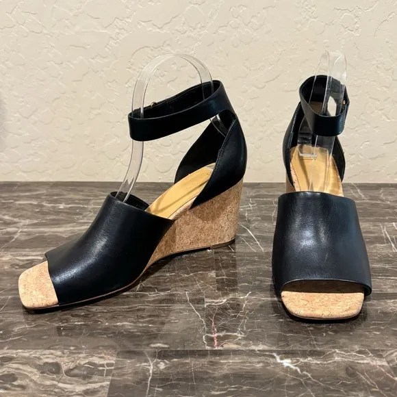 Vince Kensey Black Leather Cork Wedge Sandals