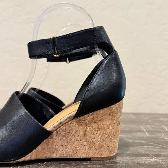 Vince Kensey Black Leather Cork Wedge Sandals