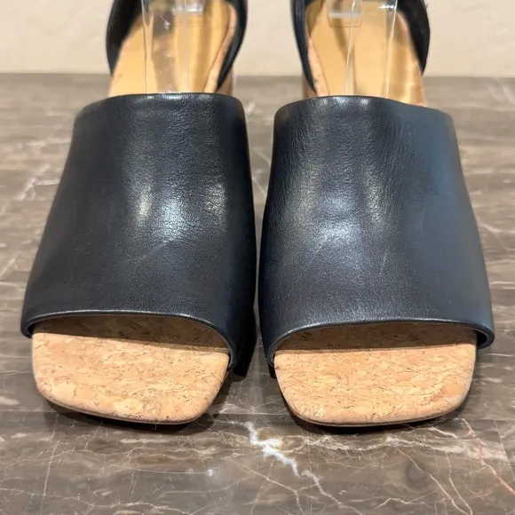 Vince Kensey Black Leather Cork Wedge Sandals