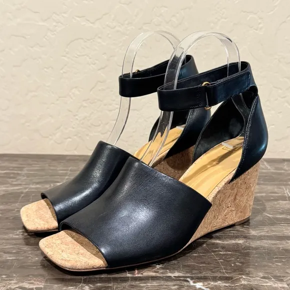 Vince Kensey Black Leather Cork Wedge Sandals