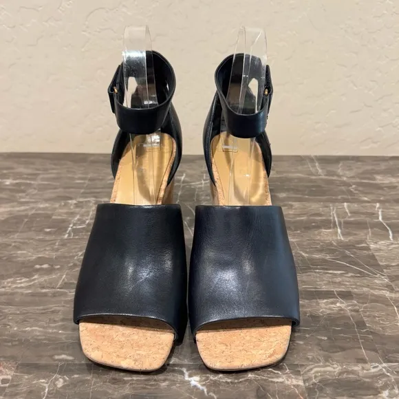 Vince Kensey Black Leather Cork Wedge Sandals