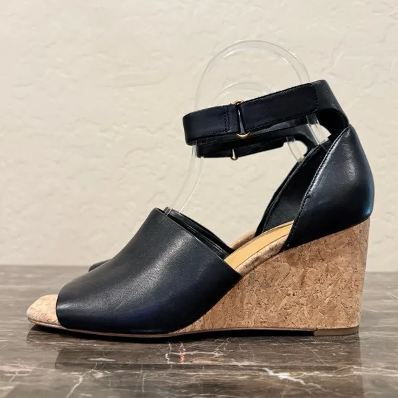 Vince Kensey Black Leather Cork Wedge Sandals