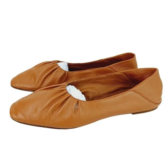 Vince SZ Kali Square-Toe Leather Ballet Flats Caramel