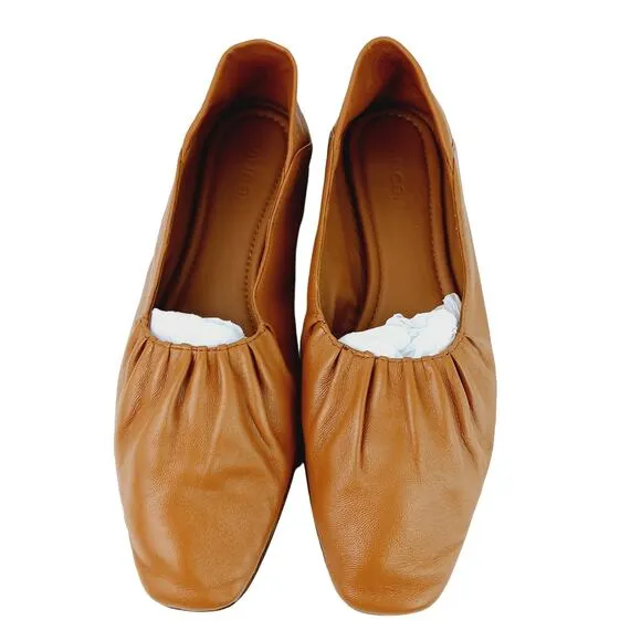 Vince SZ Kali Square-Toe Leather Ballet Flats Caramel