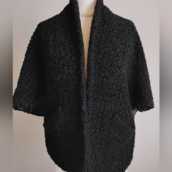 Vintage 1950's Genuine Astrakhan Fur Opera Capelet Black Glamour Pin-Up Retro