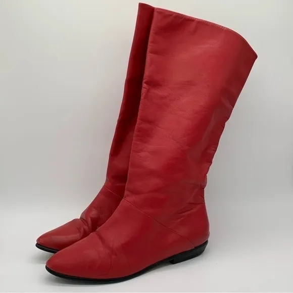 Vintage 80s Red Boots Leather Mid-Calf Low-Heel Size 8