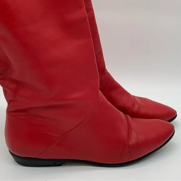 Vintage 80s Red Boots Leather Mid-Calf Low-Heel Size 8