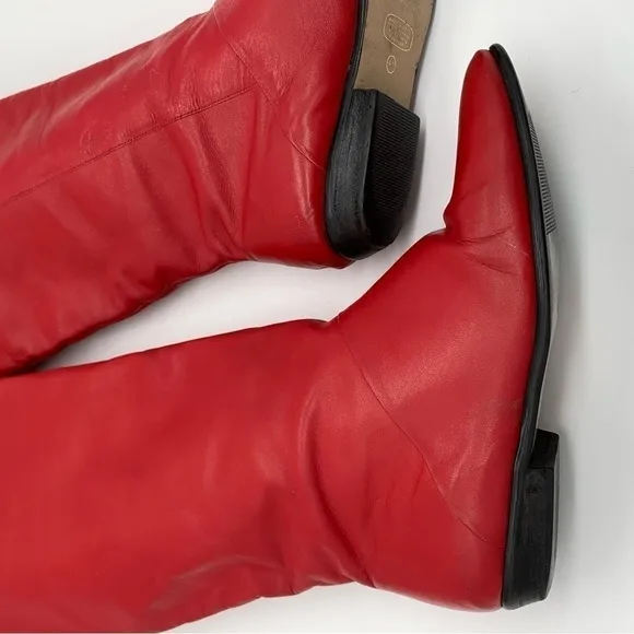Vintage 80s Red Boots Leather Mid-Calf Low-Heel Size 8