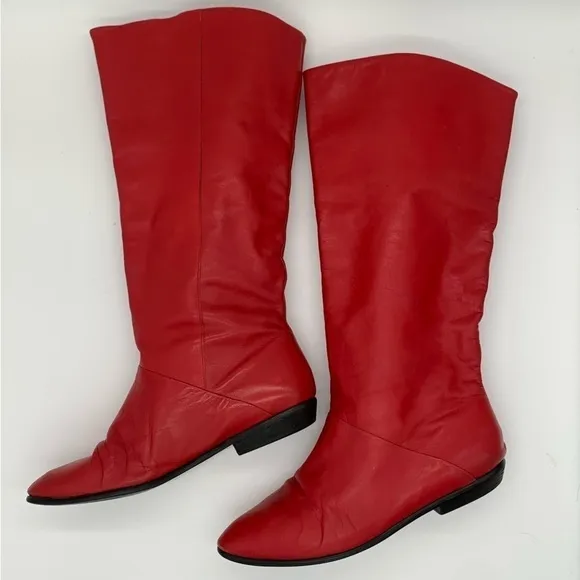 Vintage 80s Red Boots Leather Mid-Calf Low-Heel Size 8