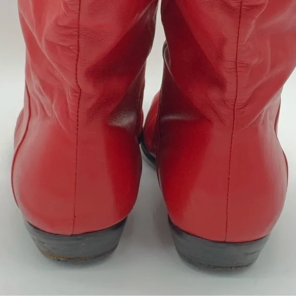 Vintage 80s Red Boots Leather Mid-Calf Low-Heel Size 8