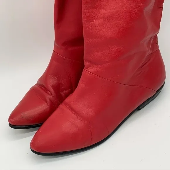 Vintage 80s Red Boots Leather Mid-Calf Low-Heel Size 8