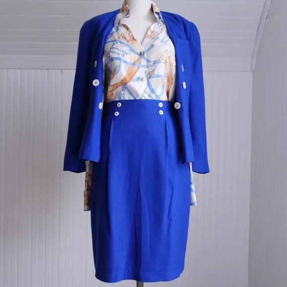 Vintage 90s cobalt blue skirt suit