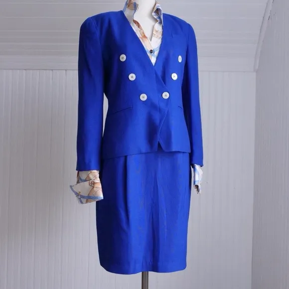 Vintage 90s cobalt blue skirt suit