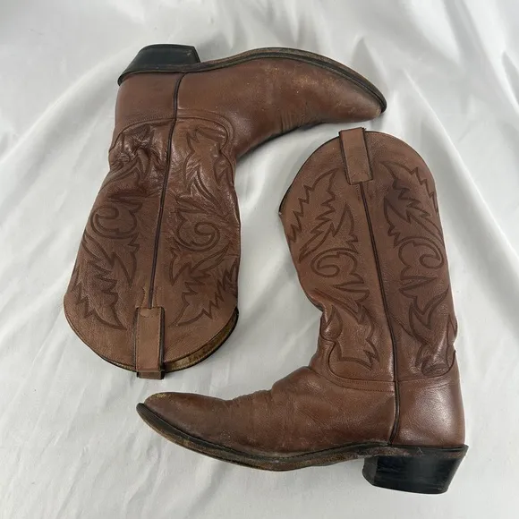 Vintage Brown Leather Embroidered Mid Calf Cowboy Boots