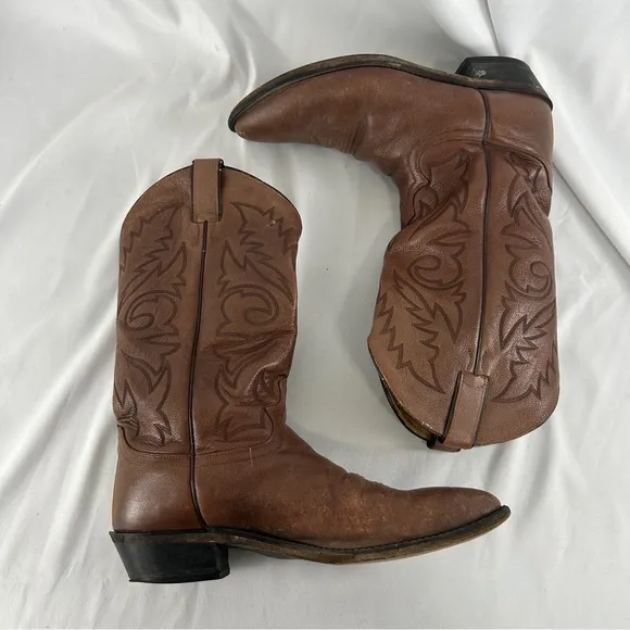 Vintage Brown Leather Embroidered Mid Calf Cowboy Boots