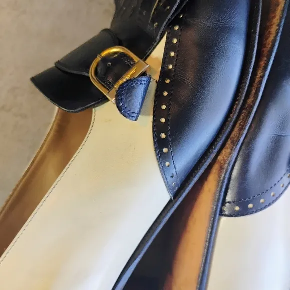Vintage Ferragamo Navy Blue &amp; White Leather Kiltie Buckle Shoes Loafers Size 9