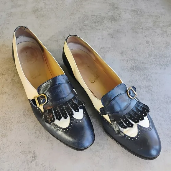 Vintage Ferragamo Navy Blue &amp; White Leather Kiltie Buckle Shoes Loafers Size 9