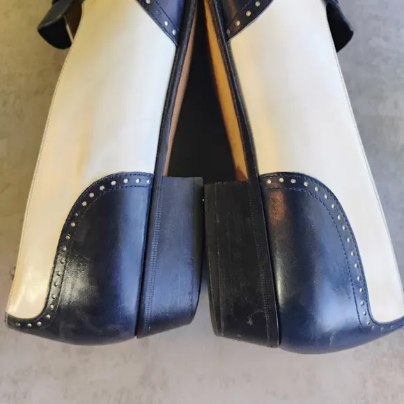 Vintage Ferragamo Navy Blue &amp; White Leather Kiltie Buckle Shoes Loafers Size 9