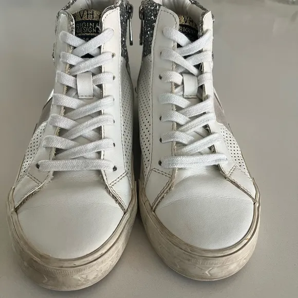 VINTAGE HAVANA Lester Sneakers White Silver Gold Glitter 7.5 Distressed Zip