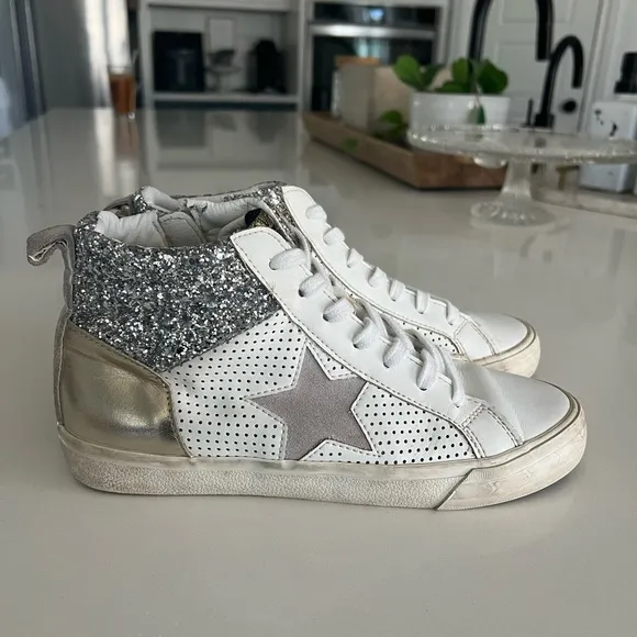 VINTAGE HAVANA Lester Sneakers White Silver Gold Glitter 7.5 Distressed Zip