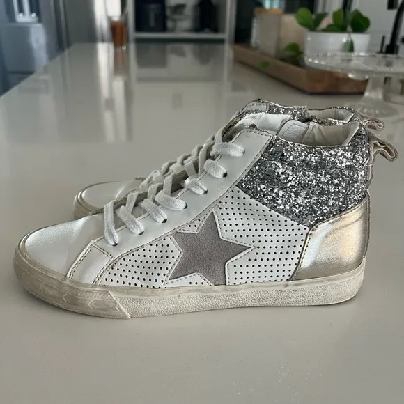 VINTAGE HAVANA Lester Sneakers White Silver Gold Glitter 7.5 Distressed Zip