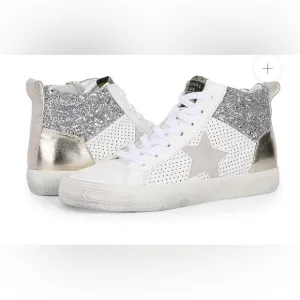 VINTAGE HAVANA Lester Sneakers White Silver Gold Glitter 7.5 Distressed Zip