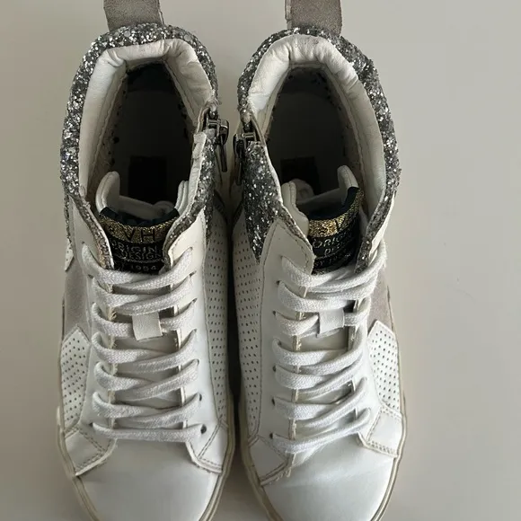 VINTAGE HAVANA Lester Sneakers White Silver Gold Glitter 7.5 Distressed Zip