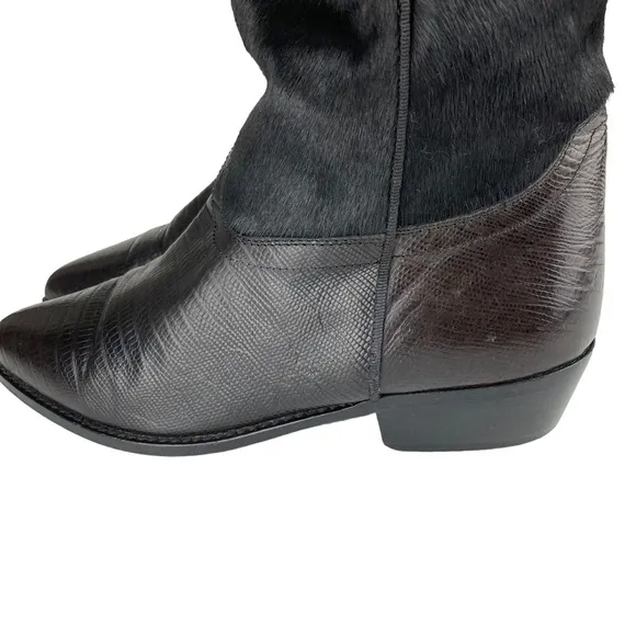 Vintage Lizard Embossed Leather Calf Hair Chain Stud Cowboy Boots