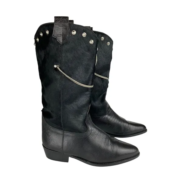 Vintage Lizard Embossed Leather Calf Hair Chain Stud Cowboy Boots