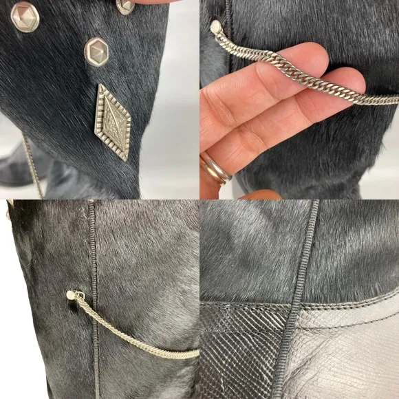 Vintage Lizard Embossed Leather Calf Hair Chain Stud Cowboy Boots
