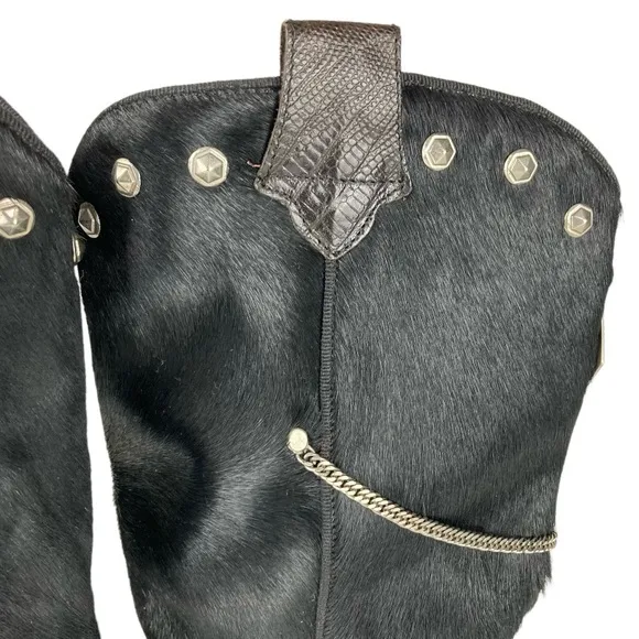 Vintage Lizard Embossed Leather Calf Hair Chain Stud Cowboy Boots