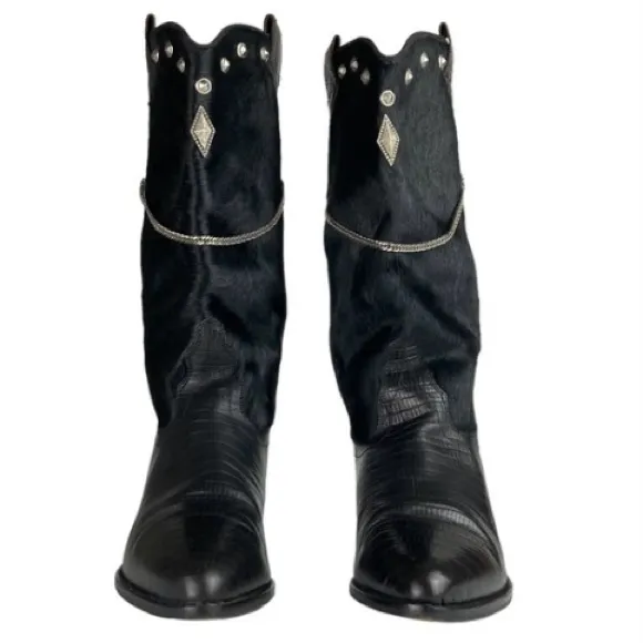 Vintage Lizard Embossed Leather Calf Hair Chain Stud Cowboy Boots