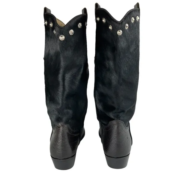 Vintage Lizard Embossed Leather Calf Hair Chain Stud Cowboy Boots