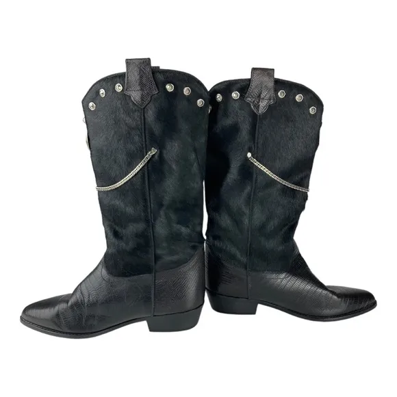 Vintage Lizard Embossed Leather Calf Hair Chain Stud Cowboy Boots