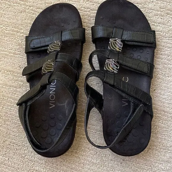 Vionic Black Leather Amber Sandals With Adjustable Straps, Size 6